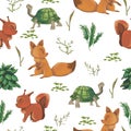 Seamless pattern with little squirrel, fox, turtle, bush, flowers, leaves, berries. Cute cartoon characters.