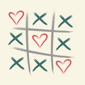 Tic tac toe game with criss cross and heart sign mark. XOXO. Hand drawn brush. Happy Valentines day card. - Vector