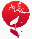 Grunge style flag of Japan. A branch with sakura flowers and a Japanese crane with fish on the background of the red sun. Sakura a Royalty Free Stock Photo
