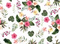 Floral tropical seamless pattern background with exotic flowers, jungle leaves, monstera leaf, orchid, bird of paradise flower Royalty Free Stock Photo