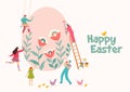 Happy Easter. Creative idea template with happy people decorating easter egg. Vector illustration. Can be used for banner, poster,