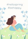 Beautiful spring template with cute girl and text. Vector illustration. Can be used for banner, poster, greeting card, postcard an Royalty Free Stock Photo
