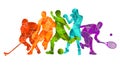 Color sport background. Football, soccer, basketball, hockey, box, tennis, baseball. Vector illustration colorful people silhouett