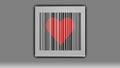 Bar code with a heart in the middle on a gray background. The code contains the phrase I love you .