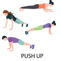 Set of people doing push up isolated on a white background