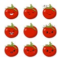 Vector illustration of an tomato Cute cartoon vegetable vector character set isolated on white. Emotions. Stickers. kawaii