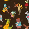 Animal musicians pattern. Vector seamless texture with cute animal band in cartoon style.