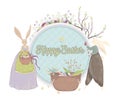 Happy Easter. Vintage Greeting Card With Bunny, Eggs, Flowers, Basket, Spring Tree, Chicks. Holiday Design Template.