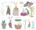Vintage bunny characters and design elements for the Easter holiday. Easter bunny, eggs, flowers, basket, mushroom, butterflies. I