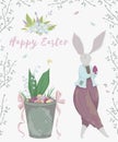 Vintage Greeting Card With Bunny Characters And Design Elements For The Easter Holiday. Easter Bunny, Eggs, Flowers, Basket, Sprin