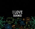 I love science. Seamless border with vintage scientific equipment, formulas and elements on grunge background. Design template for