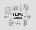 I love science. Vintage scientific equipment on grunge background. Isolated elements.  Design template for print, poster, wallpape Royalty Free Stock Photo