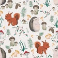Seamless pattern with little squirrel, hedgehog, plants and mushrooms. Design in watercolor style for baby shower party, wallpape