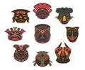 Tribal masks set. Design elements with african ethnic geometric ornament. Isolated objects on white background.