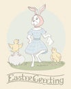 Holiday greeting card with hand lettering and cute dancing Easter rabbit and two singing chickens. Happy Easter Greeting Royalty Free Stock Photo