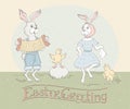 Holiday greeting card with hand lettering and Easter rabbits dancing to the accordion and singing chickens. Happy Easter Greeting Royalty Free Stock Photo