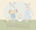 Holiday greeting card with hand lettering and Easter rabbits dancing to the accordion and singing chickens. Happy Easter Greeting