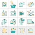 Dry cleaning laundry and cloth washing service vector linear icons labels, logos