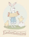 Holiday greeting card with lettering and cute Easter bunny and chicks - retro style vector illustration. Happy Easter Greeting. Royalty Free Stock Photo