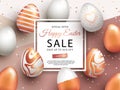 Easter Sale banner design with square frame, rose gold ornate eggs and confetti