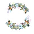 Easter round frame with eggs, flowers and carrots