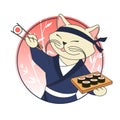 Kawaii cartoon cat chief with sushi rolls and chopsticks. Sushi bar or restaurant vector logo template