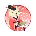 Kawaii cartoon cat chief with noodles ramen and chopsticks. Sushi seafood bar or fast food restaurant vector logo template Royalty Free Stock Photo