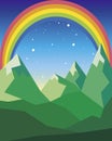 Mountain landscape in green colors with rainbow and stars