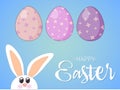 Cute Easter rabbit. Lettering Happy Easter on blue background, illustration. Royalty Free Stock Photo