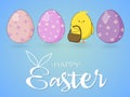 Easter card with chicken and eggs on blue background