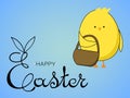 Easter card with cute chicken, Easter eggs on blue background
