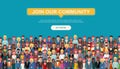 Join our community. Crowd of united people as a business or creative community standing together. Flat concept vector website temp