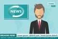 Anchorman on tv broadcast news. Breaking News vector illustration. Media on television concept. Flat vector Royalty Free Stock Photo