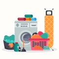 Laundry room service concept. Working washing machine with linen baskets, detergent, ironing board and towels
