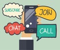 Mobile smart phone with speech bubbles. Subscribe, join, chat and call titles on speech bubbles
