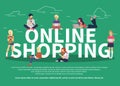 Online shopping concept. Online store objects and banner. People sitting on a big letters Royalty Free Stock Photo