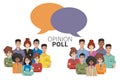 Opinion poll flat illustration of two groups of people and speech bubbles between them. Flat vector