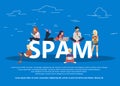 Spam concept flat vector illustration of young men and women receiving unsolicited emails. Flat vector Royalty Free Stock Photo