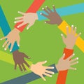 Teamwork concept. Friends with stack of hands showing unity and teamwork, top view. Young people putting their hands together Royalty Free Stock Photo