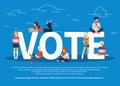 Vote concept. People sitting on a big vote letters and using their mobile phones and lap tops to vote and give a review