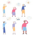 Old people with memory loss vector illustration. Set of old women trying to remember different things. Flat minimal design style