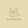 Wooden house in forest and lake logo design template