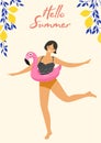 Tropical summer card with dancing girl and pool float flamingo. Vector illustration. Royalty Free Stock Photo