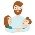 Father hugging his daughter and son. Father and children looking at each other vector illustration.