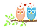 Two Cute Owls Boy and Girl in Love on Tree Royalty Free Stock Photo