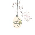 Easter illustration. The egg is suspended and wrapped with thin threads. On the threads grow twigs and leaves.