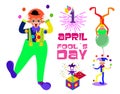 Set for the first of April with a jester and box to the fool`s day Royalty Free Stock Photo