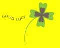 Four-leaf clover on yellow background with text `good luck` Royalty Free Stock Photo