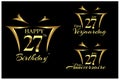 Happy Birthday twenty seven years in English, Dutch and French. Elegant design with number.