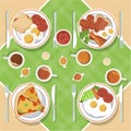 Vector breakfast concept set with food and drinks with flat icons in composition. Breakfast composition sandwich and omelette, juc